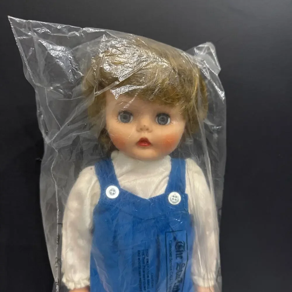 Vintage 19” Hard Plastic Blonde Girl Blue Jumper Overall Outfit *